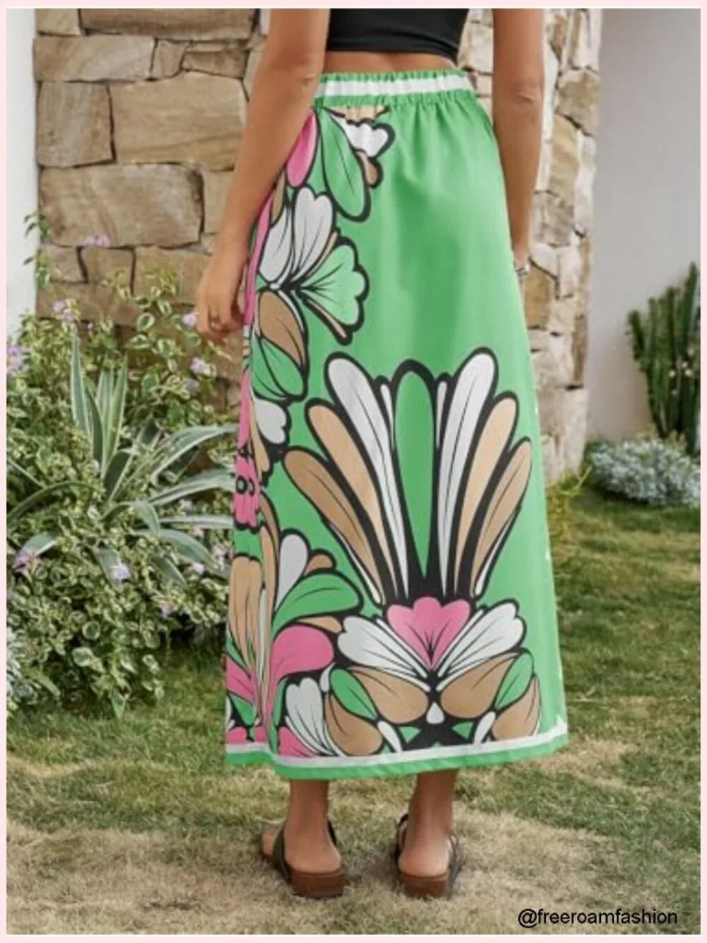 Floral Wrap Maxi Skirt Boho Elastic High Waisted Side Zipper A Line Midi